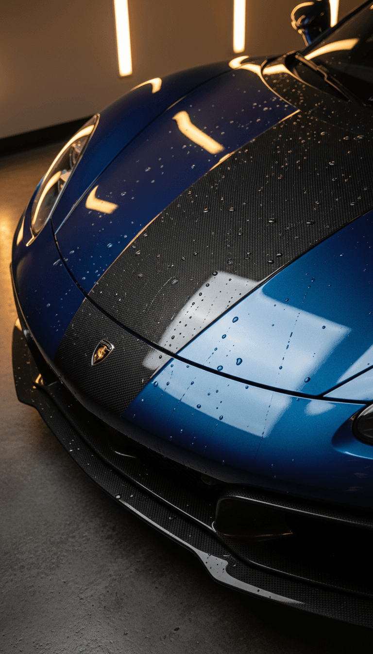 After: ceramic-coated hood with mirror-like shine and water beading