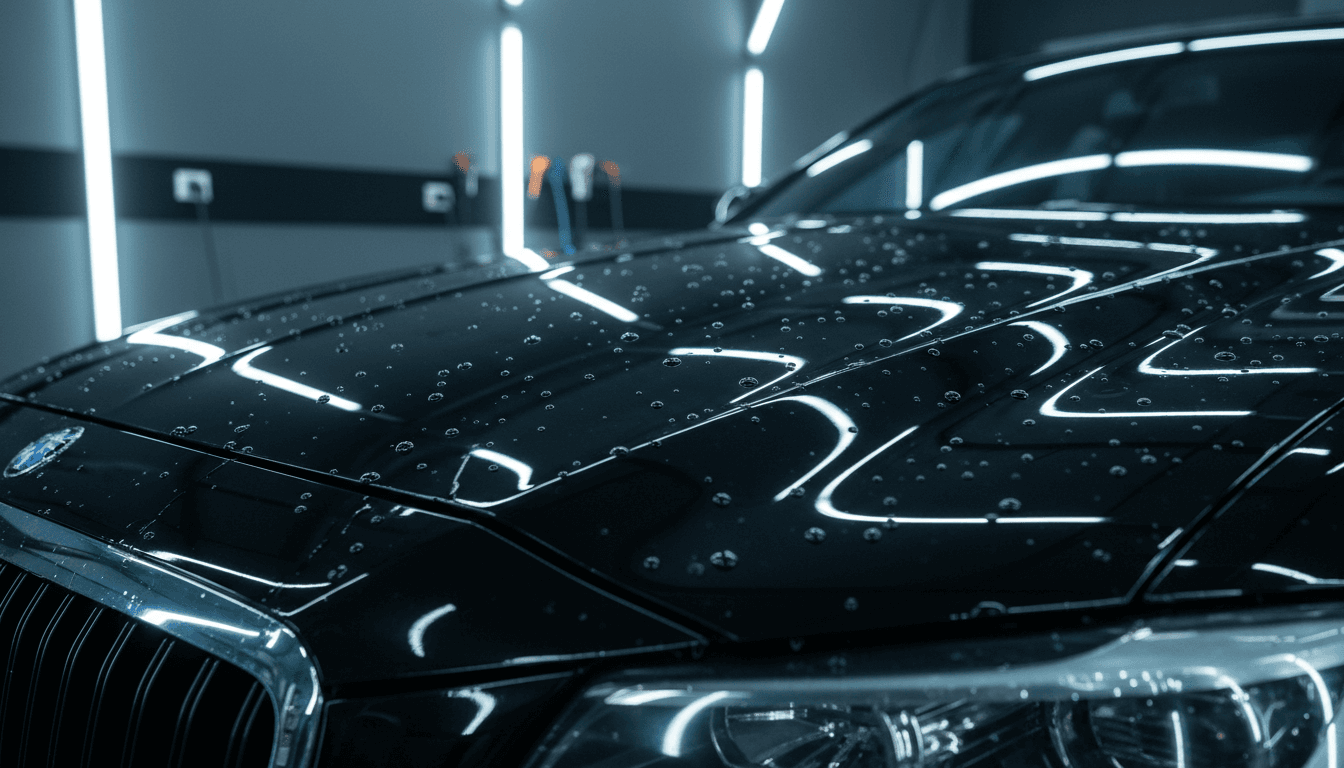 Pristine ceramic-coated car hood with water beads and mirror-like finish