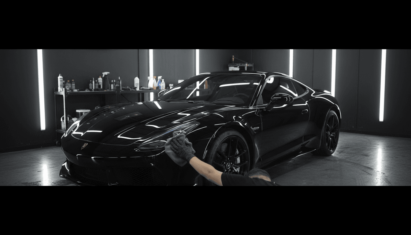 Professional detailer polishing a ceramic-coated vehicle under studio lighting in a premium detailing bay