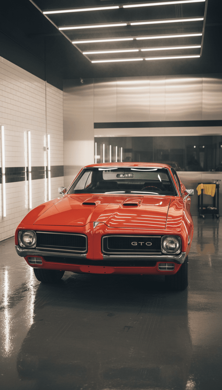 Restored 1969 Pontiac GTO Judge in a detailing bay with a glossy, polished finish