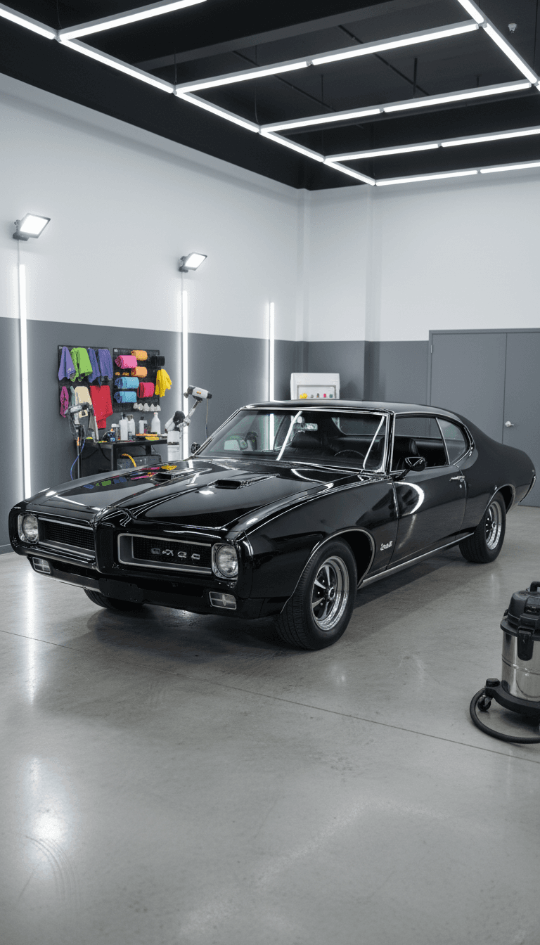 Glossy black vintage Pontiac GTO muscle car parked in a brightly lit professional detailing garage.