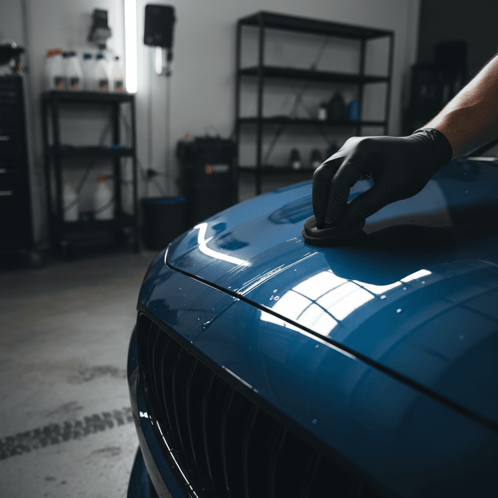 Professional detailer's hands applying ceramic coating to vehicle hood with precision using microfiber applicator