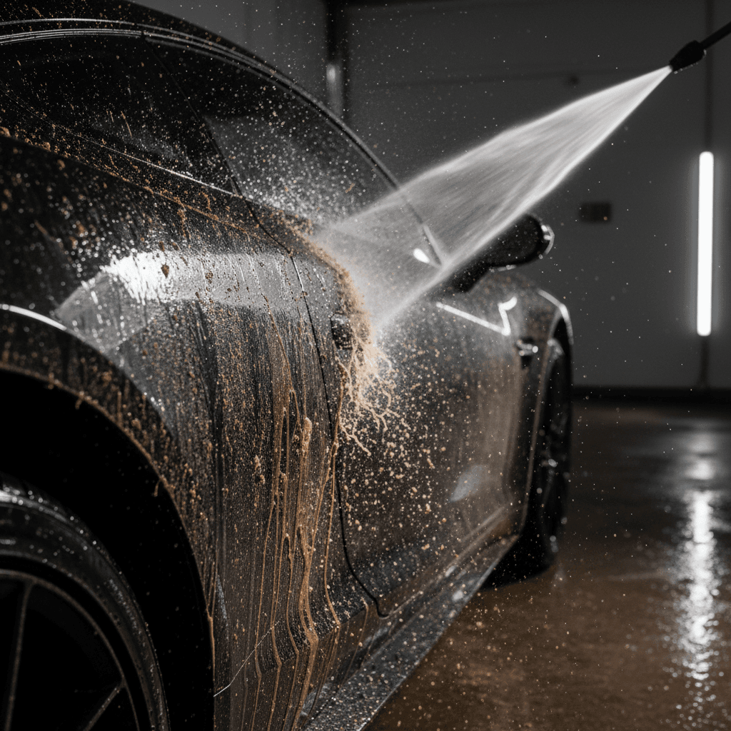 High-pressure water spray hitting dirty car surface with visible water droplets and dirt dispersal