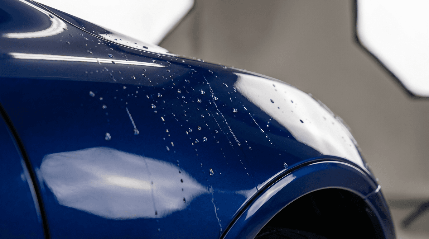 Freshly ceramic-coated luxury vehicle gleaming under professional detailing lighting