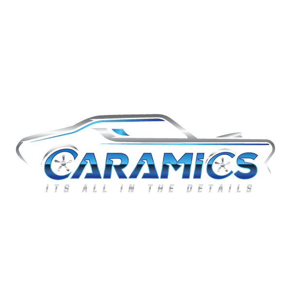 Sleek silver car silhouette above blue Caramics text with slogan Its all in the details.